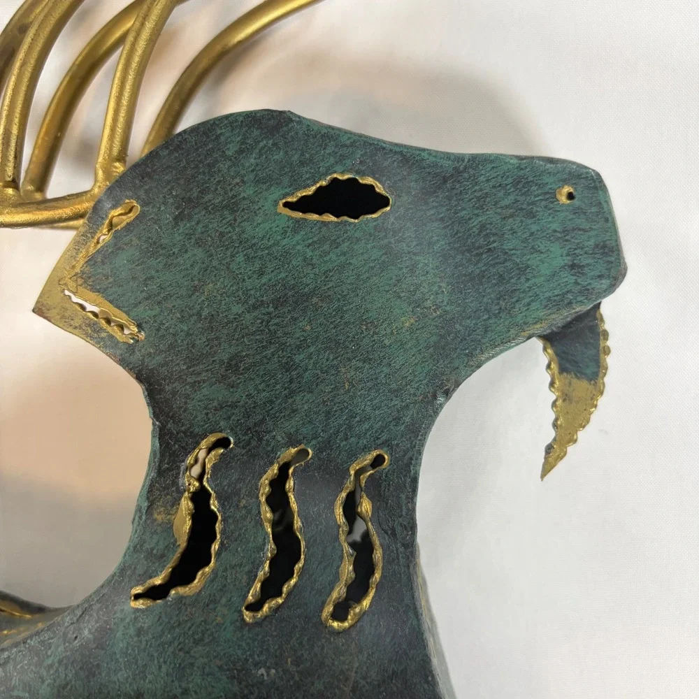 Rustic Verdigris Metal Reindeer Candle Holder Figurine Gold Antler Folk Art 13